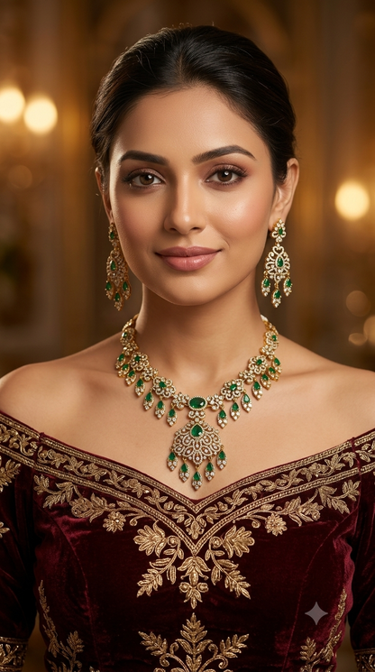 Antique Gold Green Cz Necklace Jewellery Tyra Set