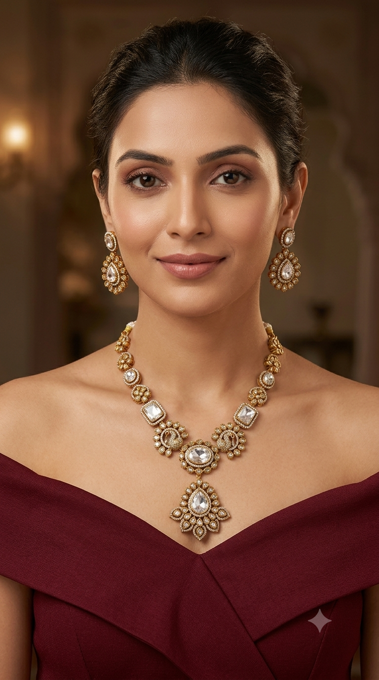 Antique Gold White Cz Necklace Jewellery Usha Set