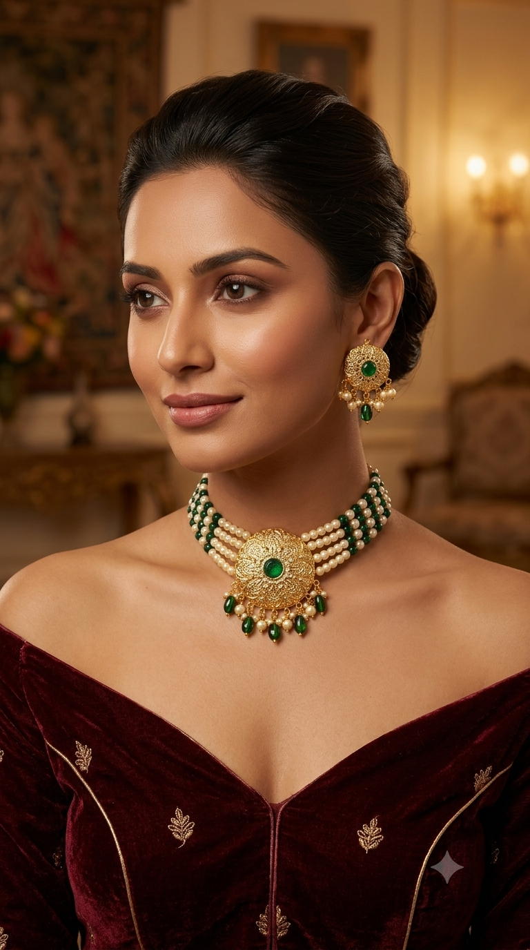 Gold Green Maroon Punjabi Choker Jewellery Jerry Set