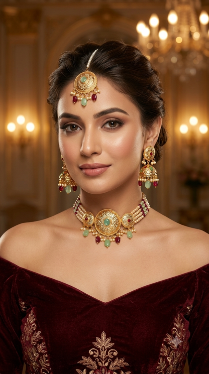 Ruby Mint Gold Jadau Punjabi Style Choker Jewellery Jack Set