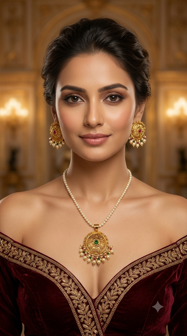 Gold Ruby Jadau Punjabi Style Pendant Mehak Necklace Set