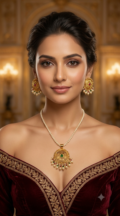 Gold White Jadau Punjabi Style Pendant Mehak Necklace Set