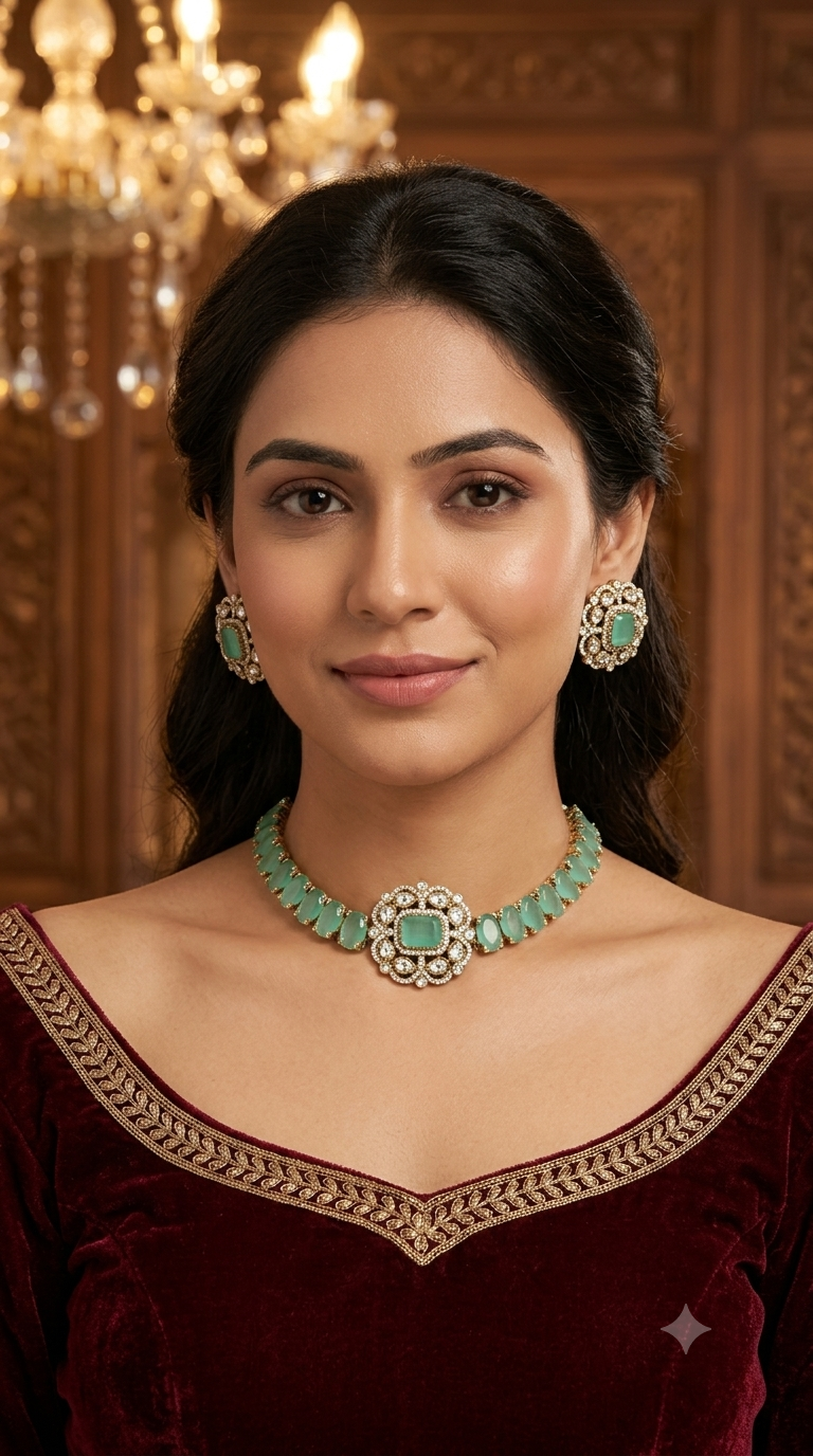 Mint Moissanite Kundan Necklace Jewellery Soma Set