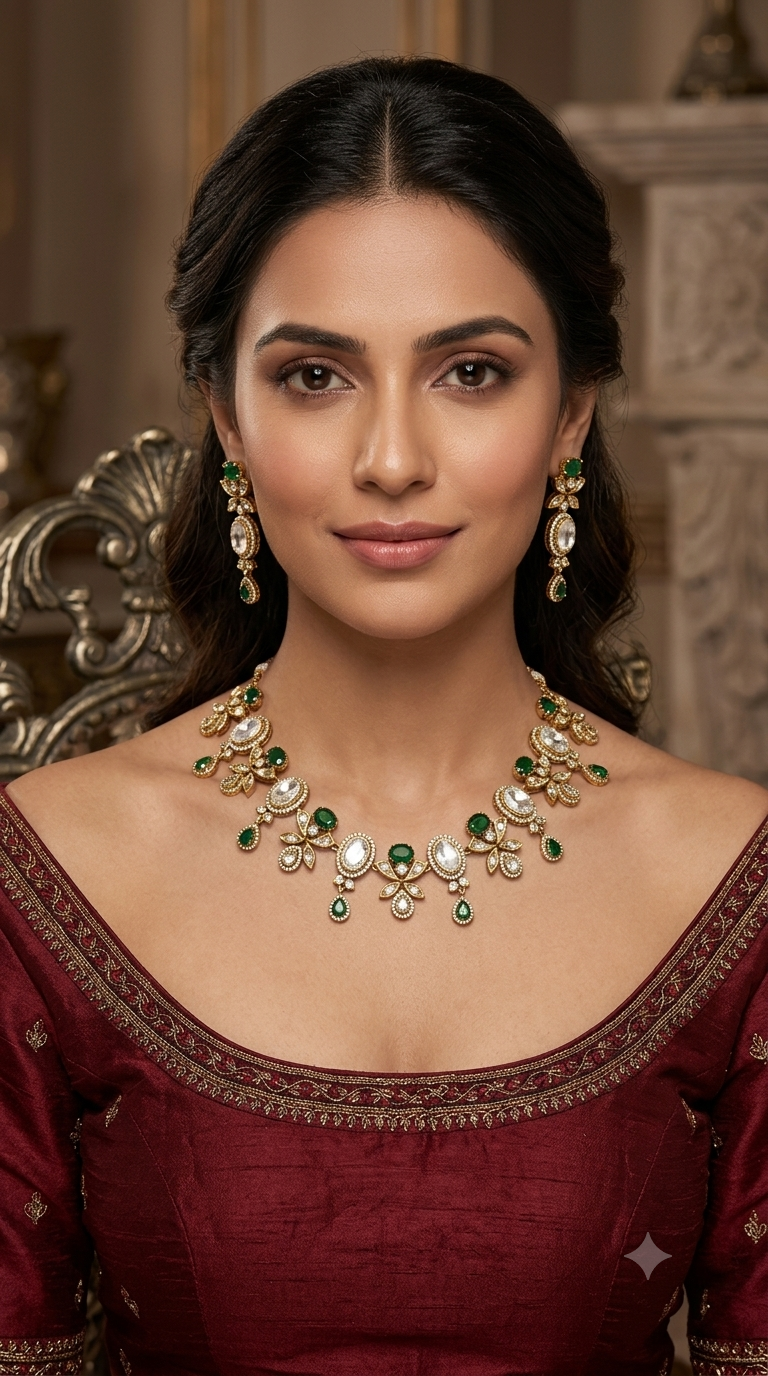 Green Moissanite Kundan Necklace Jewellery Chani Set