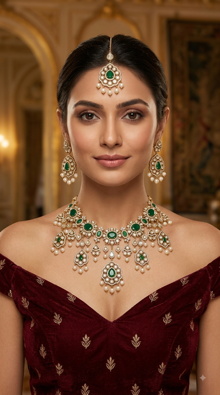 Green Moissanite Kundan Necklace Jewellery Nany Set