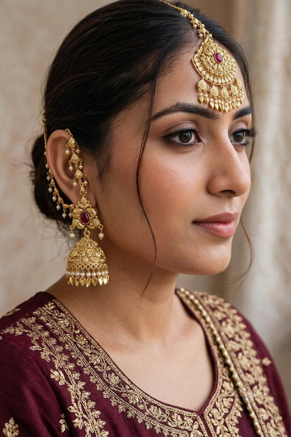 Gold Green Punjabi Style Earrings and Tikka set