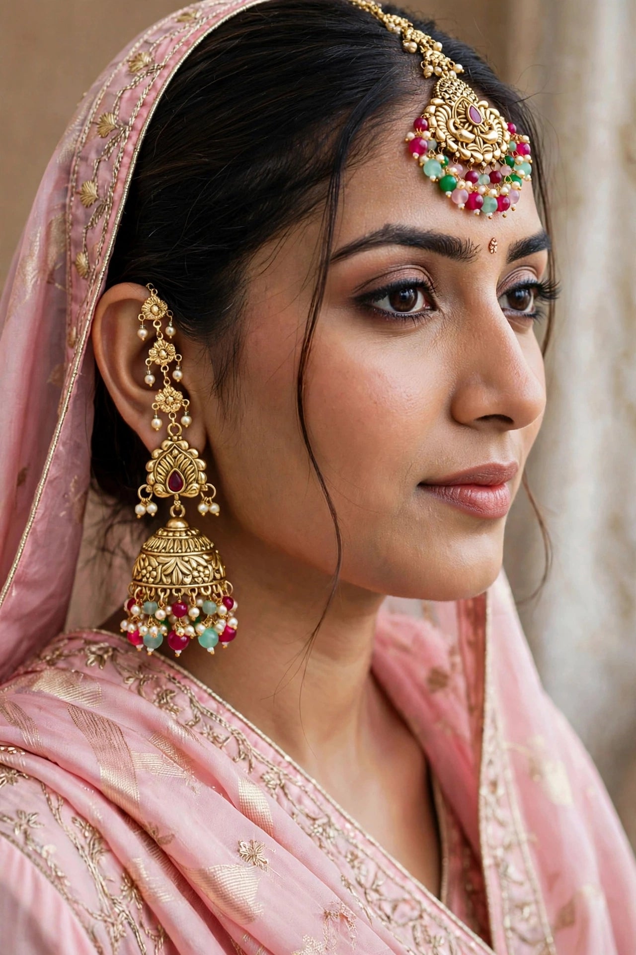 Gold Punjabi Polki Style Earrings and Tikka set