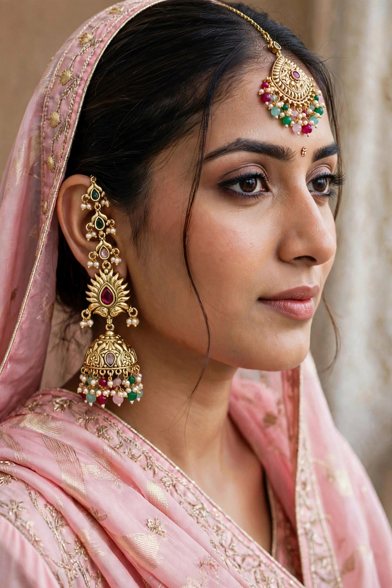 Gold Multi Color Punjabi Polki Style Earrings and Tikka set