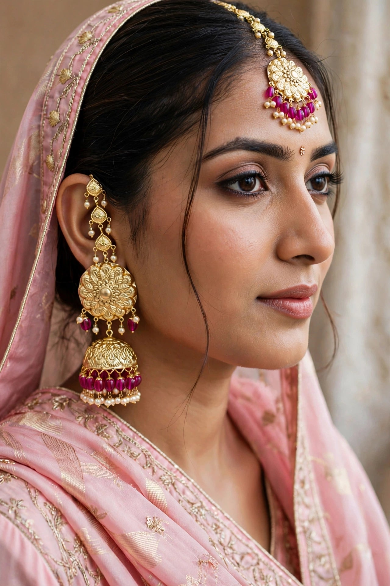 Gold Green Punjabi Style Earrings and Tikka set