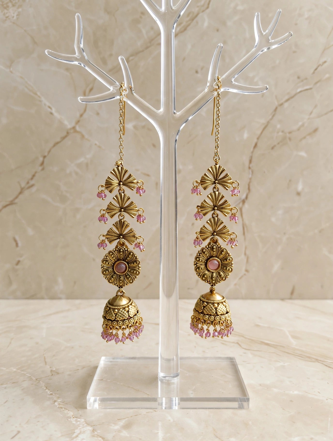 Gold Pink Polki Jhumki Bollywood Earrings