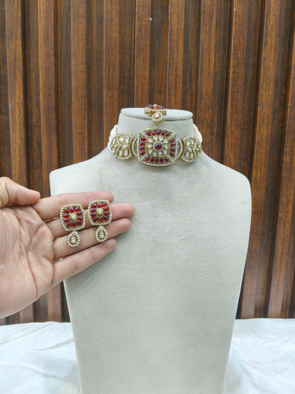Maroon Moissanite Kundan Choker Jewellery Gini Set