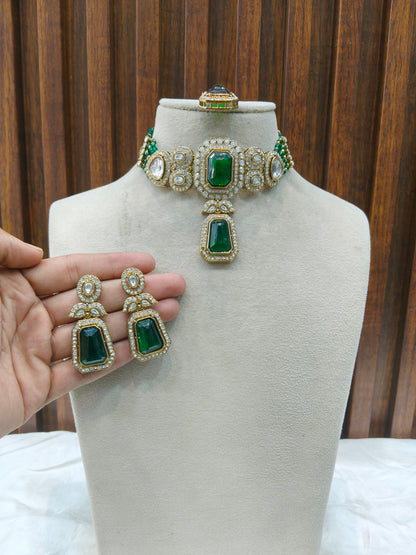 Green Moissanite Kundan Choker Jewellery Gini Set