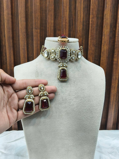 Maroon Moissanite Kundan Choker Jewellery Gini Set