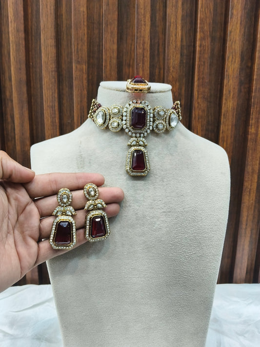 Maroon Moissanite Kundan Choker Jewellery Gini Set