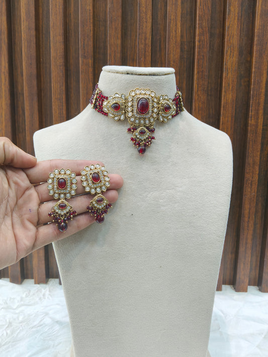 Maroon Moissanite Kundan Choker Jewellery Gini Set