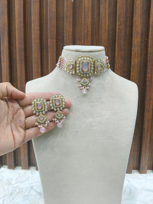 Pink Moissanite Kundan Choker Jewellery Gini Set