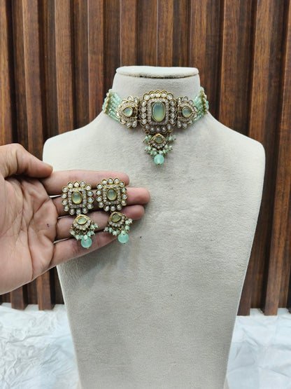 Pista Moissanite Kundan Choker Jewellery Gini Set