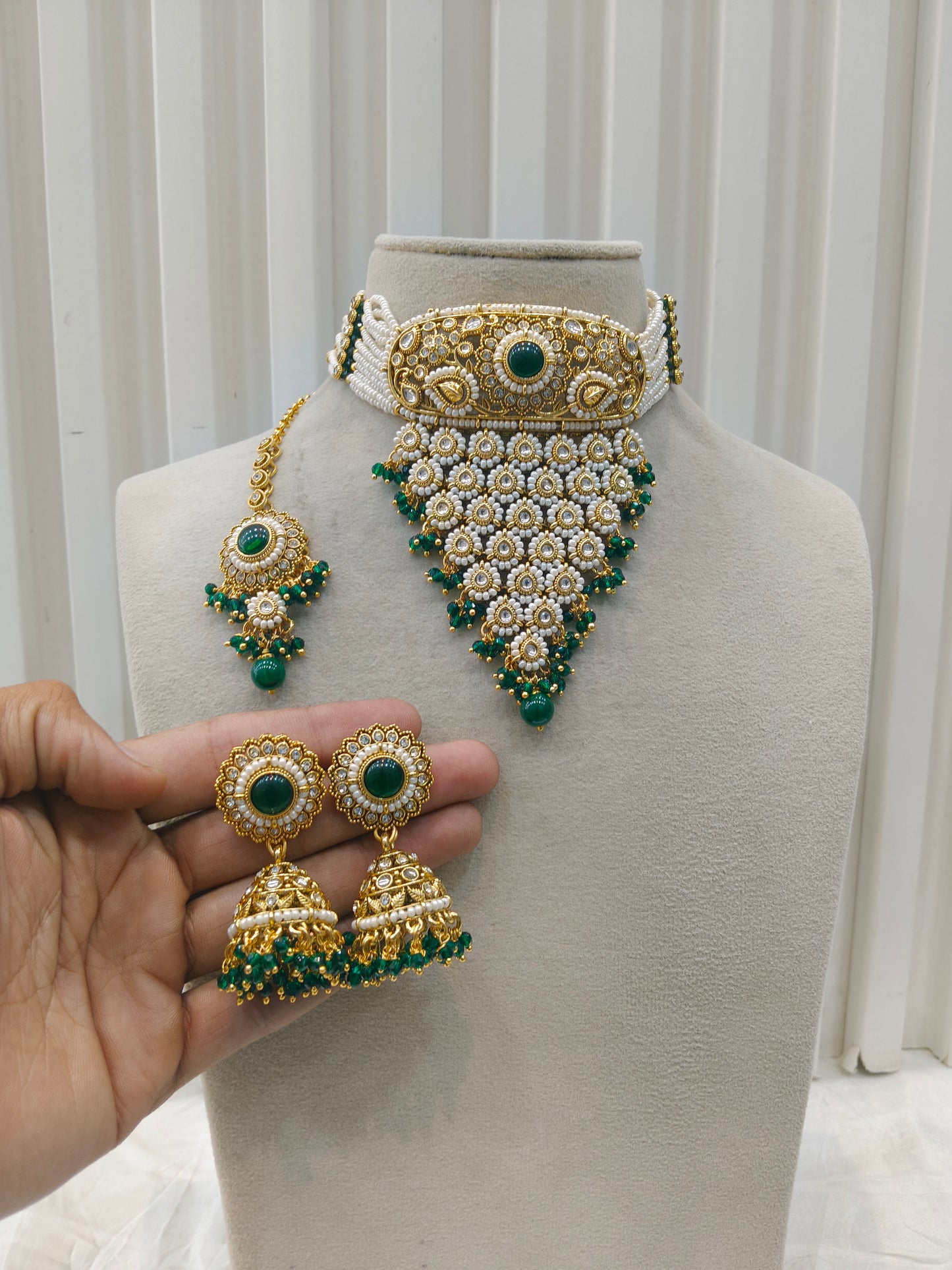 Green Kundan waterfall Choker Jewellery Lohit Set