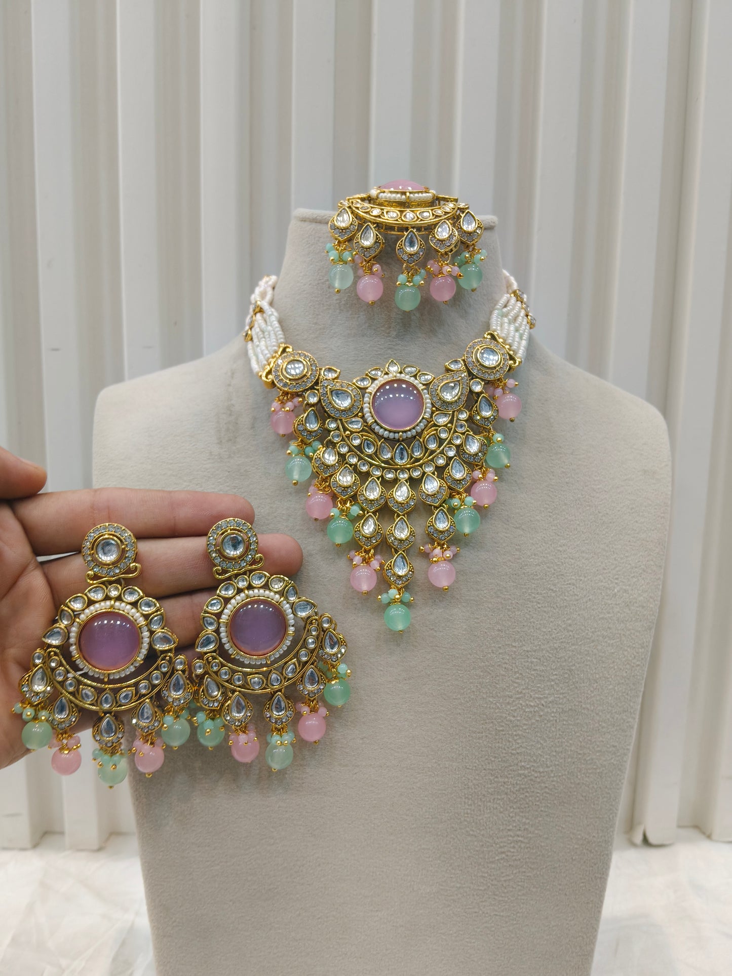 Gold Mint Pink Kundan Nacklace Ekta sets