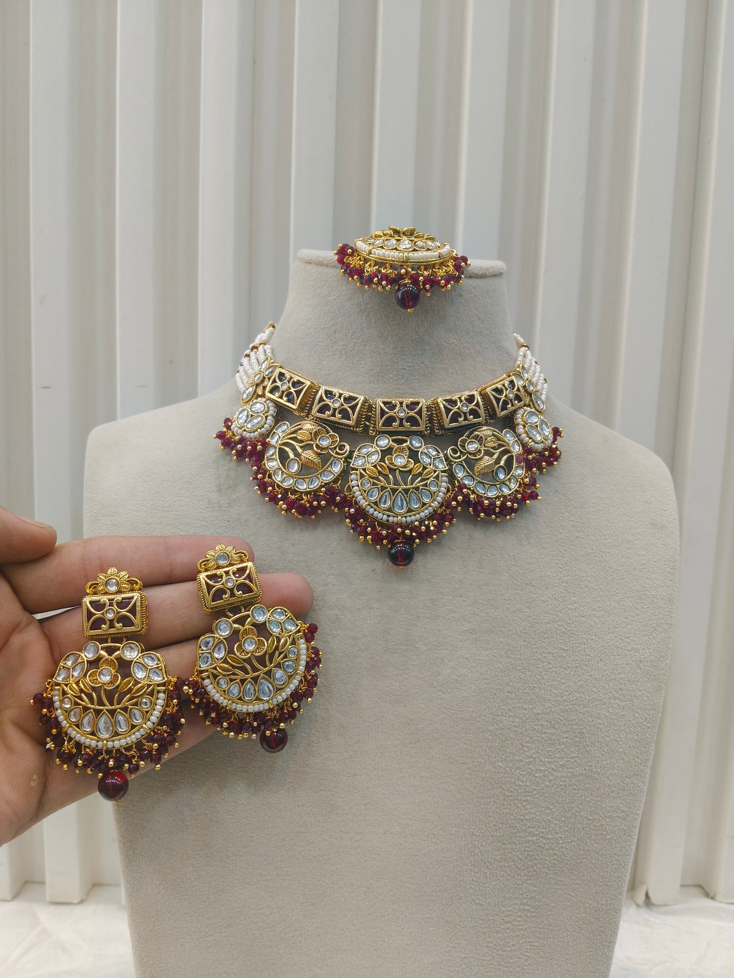 Gold Maroon Kundan Nacklace Damini sets