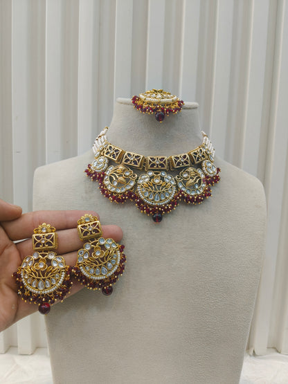 Gold Maroon Kundan Nacklace Damini sets