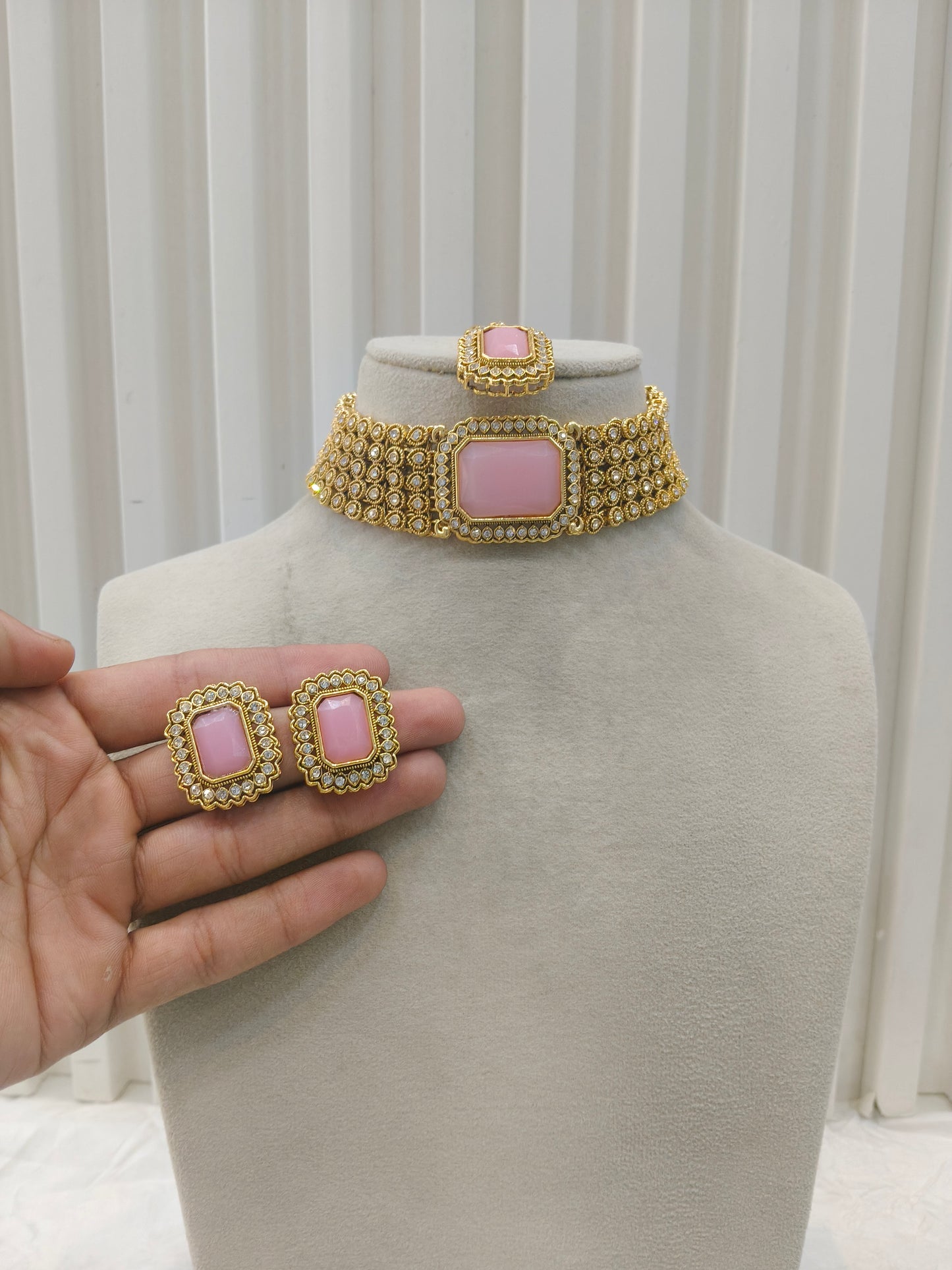 Gold Pink Kundan Choker Jewellery Gunjan Set