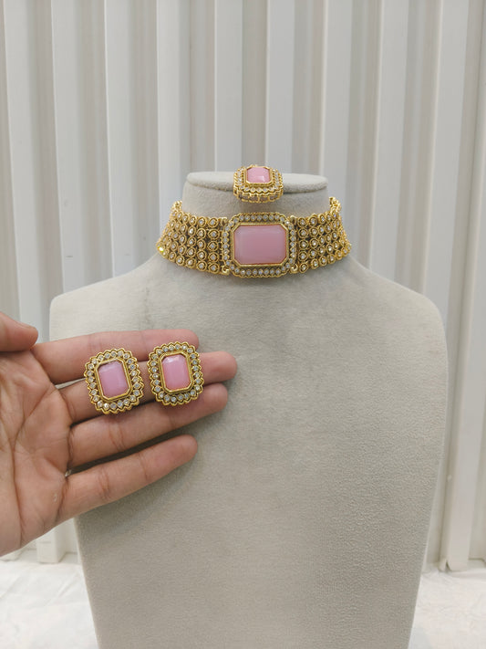 Gold Pink Kundan Choker Jewellery Gunjan Set