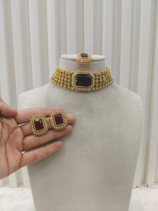 Gold Maroon Kundan Choker Jewellery Gunjan Set