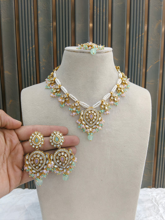 Gold Mint Pink Kundan Nacklace Hema sets