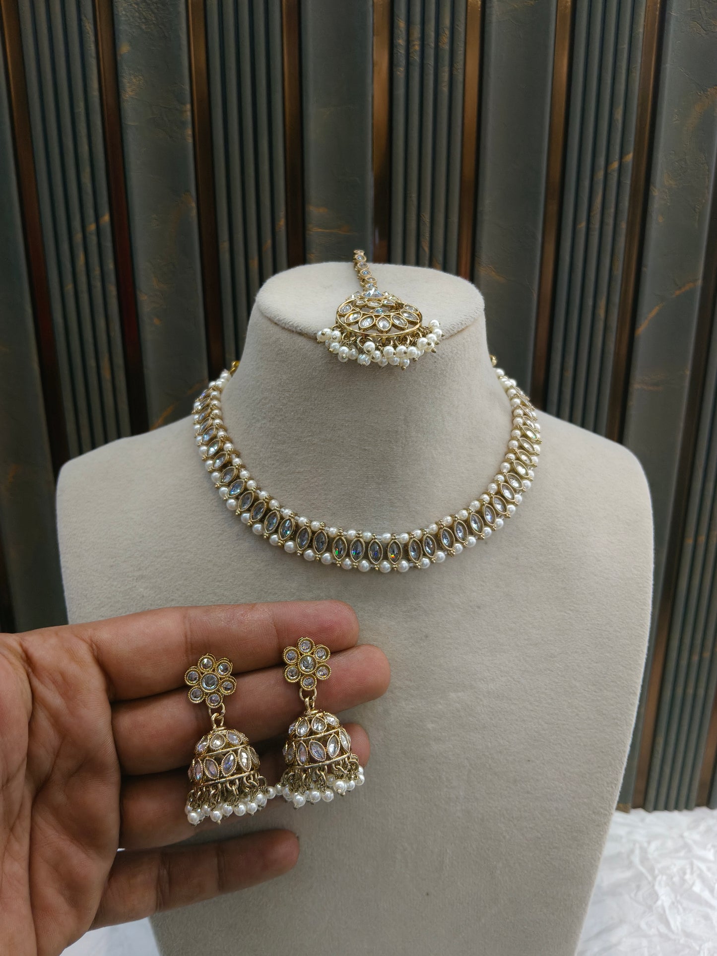 Antique Gold White Necklace Jewellery Jagjeet Bollywood sets