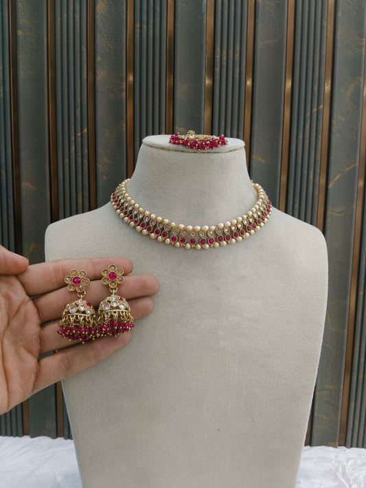 Antique Gold Majenta Necklace Jewellery Jagjeet Bollywood sets