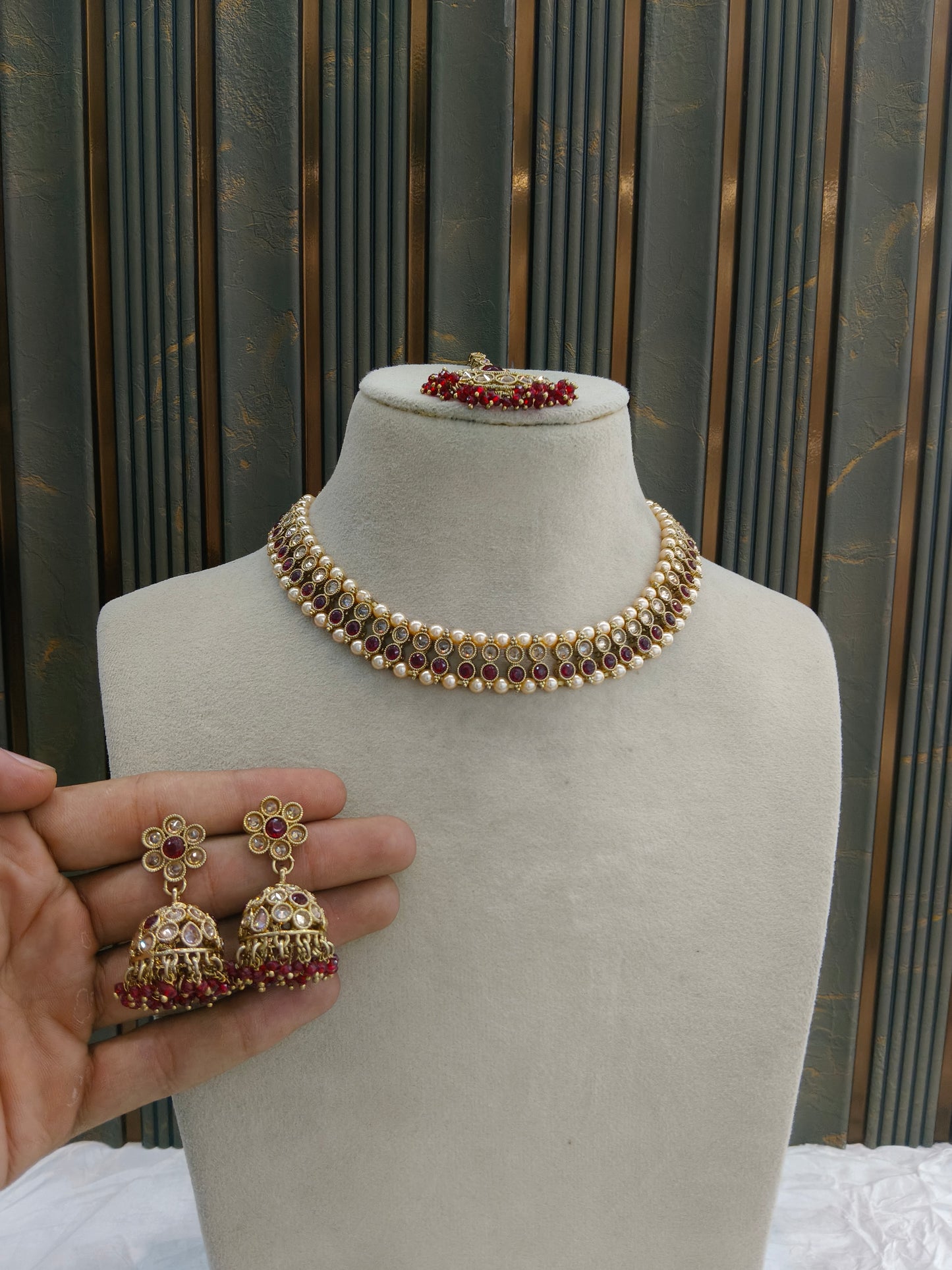 Antique Gold Maroon Necklace Jewellery Jagjeet Bollywood sets