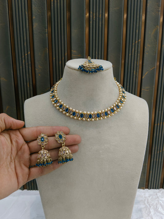Antique Gold Blue Necklace Jewellery Jagjeet Bollywood sets