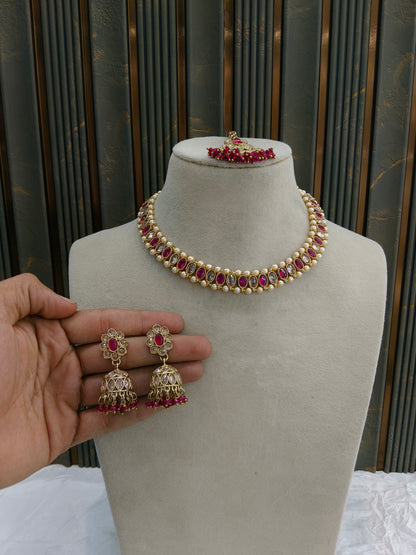 Antique Gold Majenta Necklace Jewellery Jagjeet Bollywood sets