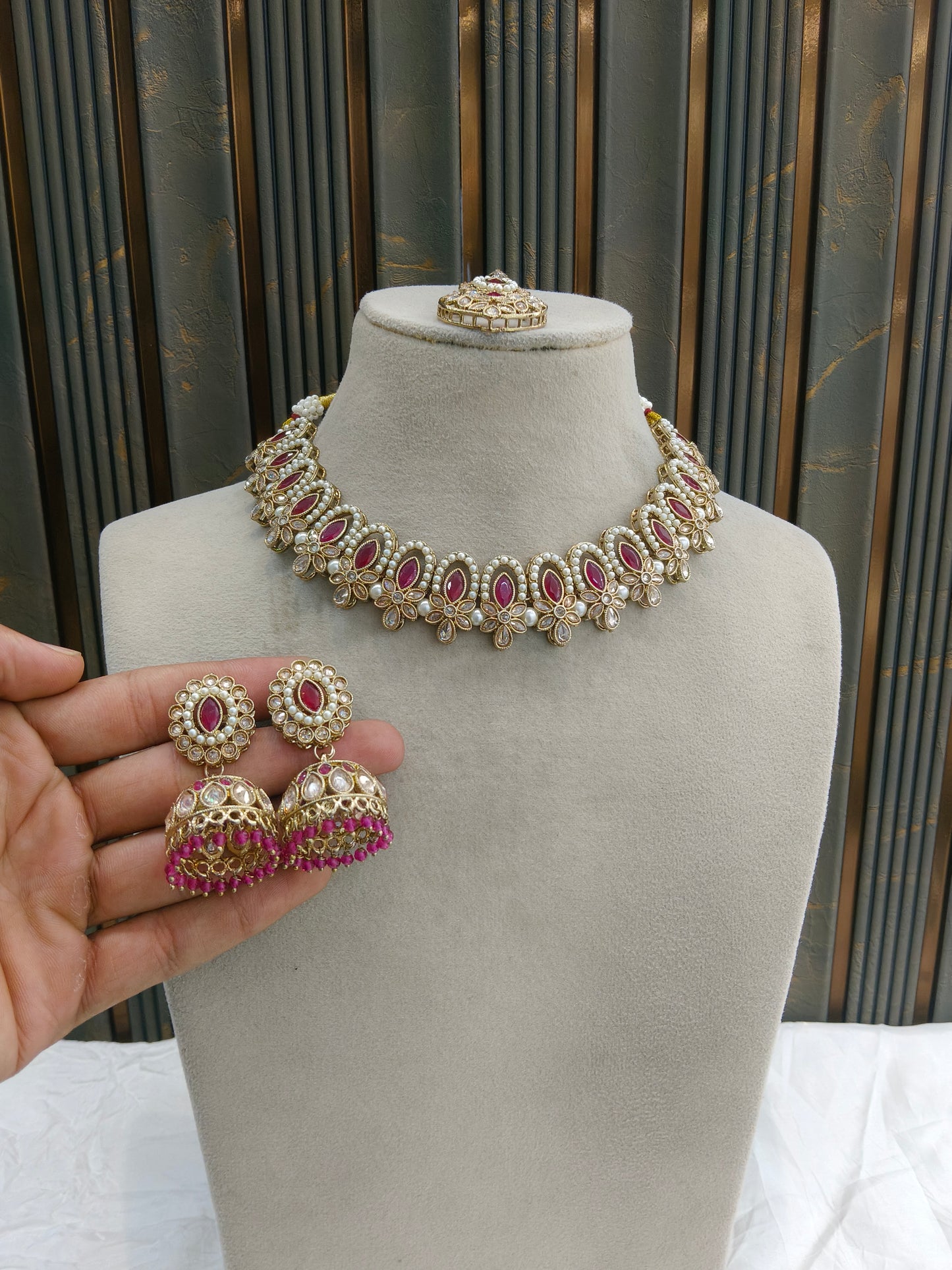 Antique Gold Maroon Necklace Jewellery Risha Bollywood sets