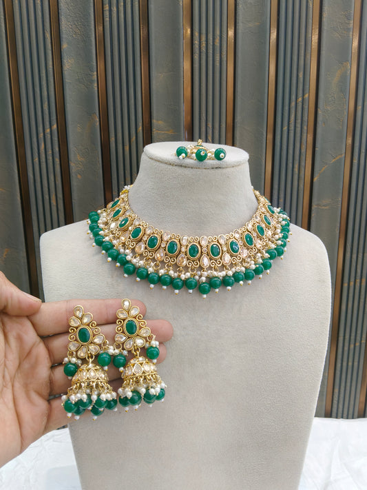 Antique Gold Green Necklace Jewellery Kitty Bollywood sets