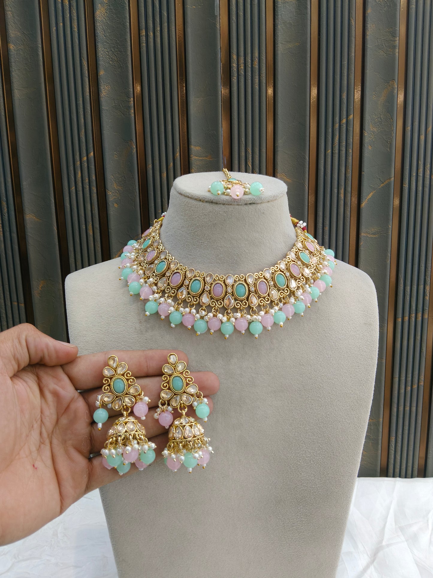 Antique Gold Mint Pink Necklace Jewellery Kitty Bollywood sets