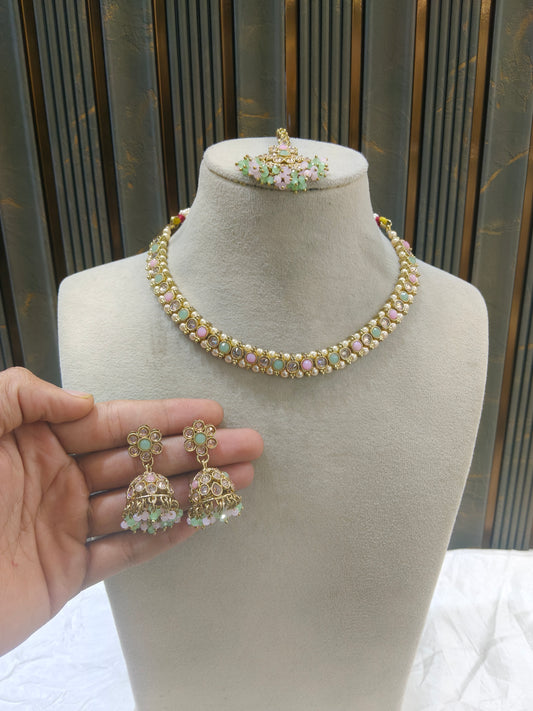 Antique Gold Mint Pink Necklace Jewellery Jagjeet Bollywood sets