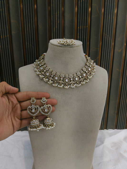Antique Gold White Necklace Jewellery Betty Bollywood sets