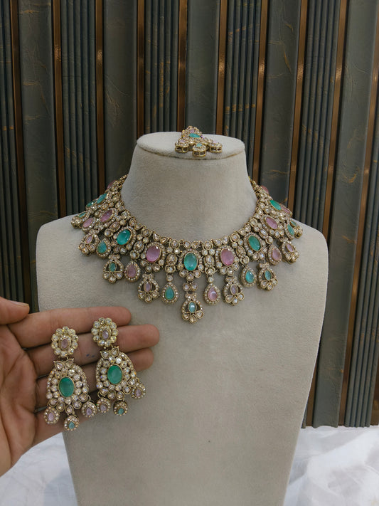 Antique Gold Mint Pink Necklace Jewellery Lois Bollywood sets