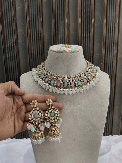 Antique Gold Mint Pink Necklace Jewellery Devika Bollywood sets