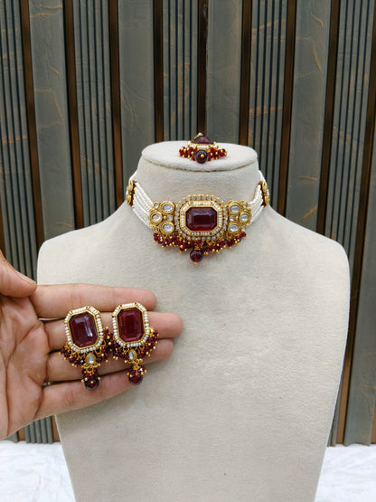 Maroon Kundan Choker Jewellery Sama Set