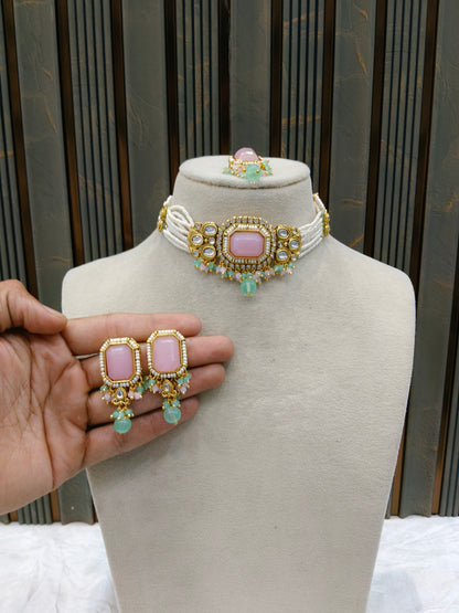 Mint Pink Kundan Choker Jewellery Sama Set