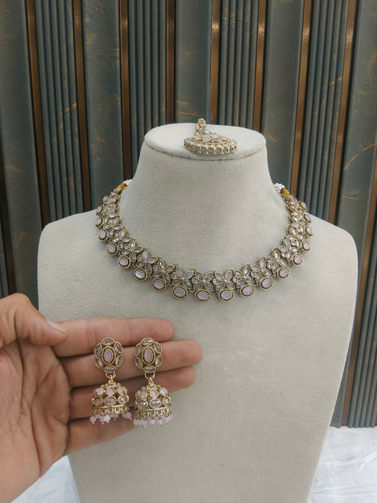 Pink Antique Gold Necklace Jewellery Race Set