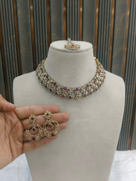 Maroon Antique Gold Necklace Jewellery Race Set