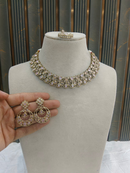 Pink Antique Gold Necklace Jewellery Race Set