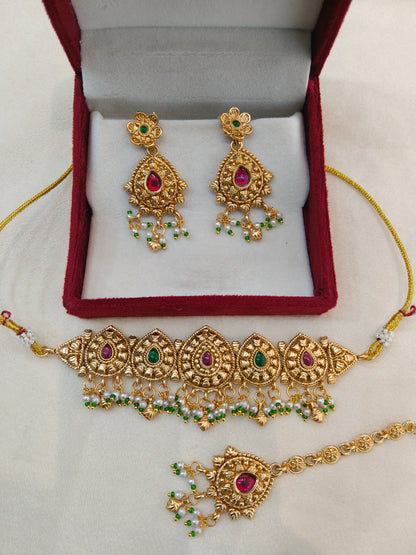 Gold Polki Ruby Green Choker Jun Jewellery Polki Set