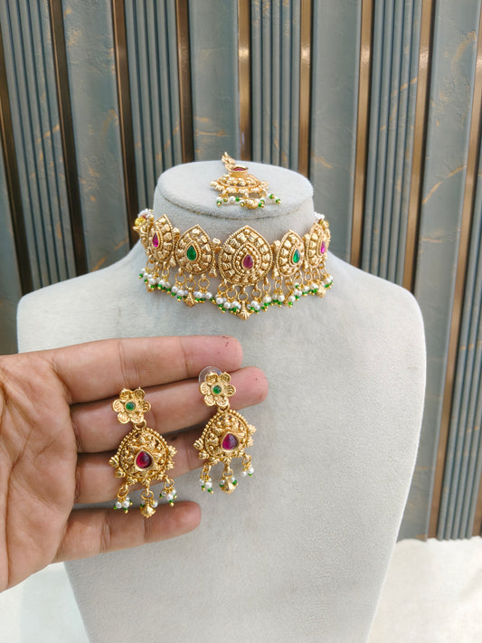 Gold Polki Ruby Green Choker Jun Jewellery Polki Set