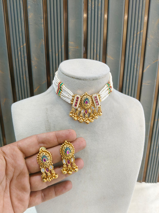 Gold Polki Ruby Sage Green Choker Yuka Jewellery Polki Set