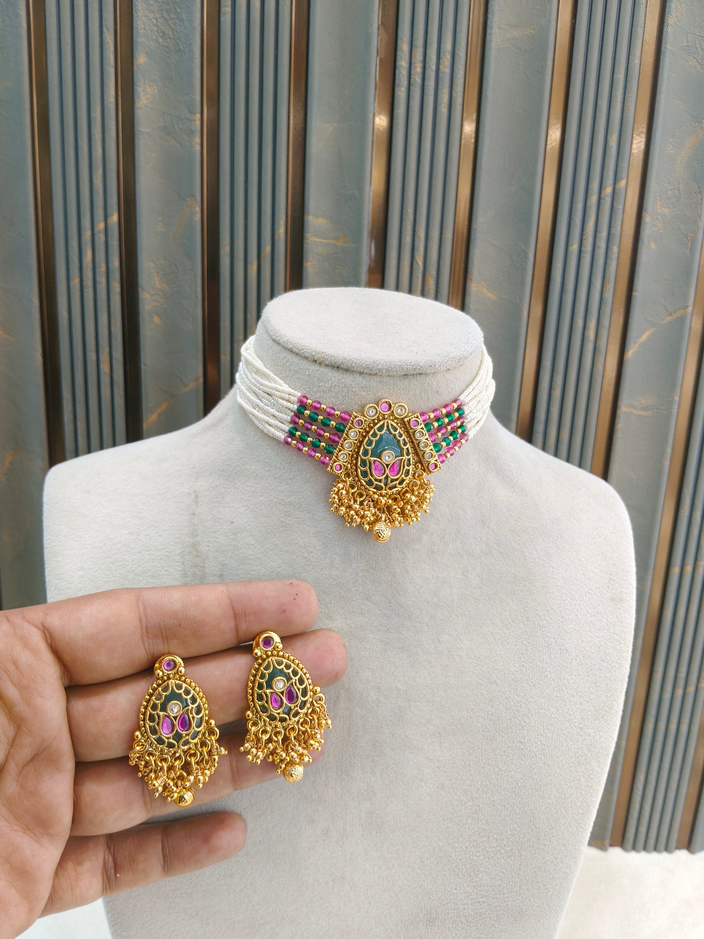 Gold Polki Ruby Sage Green Choker Yuka Jewellery Polki Set